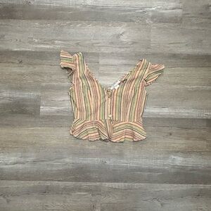 Flying Tomato Tan and Orange Ruffled Peplum Blouse